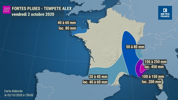 La carte des cumuls prÃ©vus par MÃ©tÃ©o France.